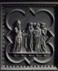 Zacarías queda mudo, segundo panel de las Puertas Sur del Baptisterio de San Giovanni, 1336